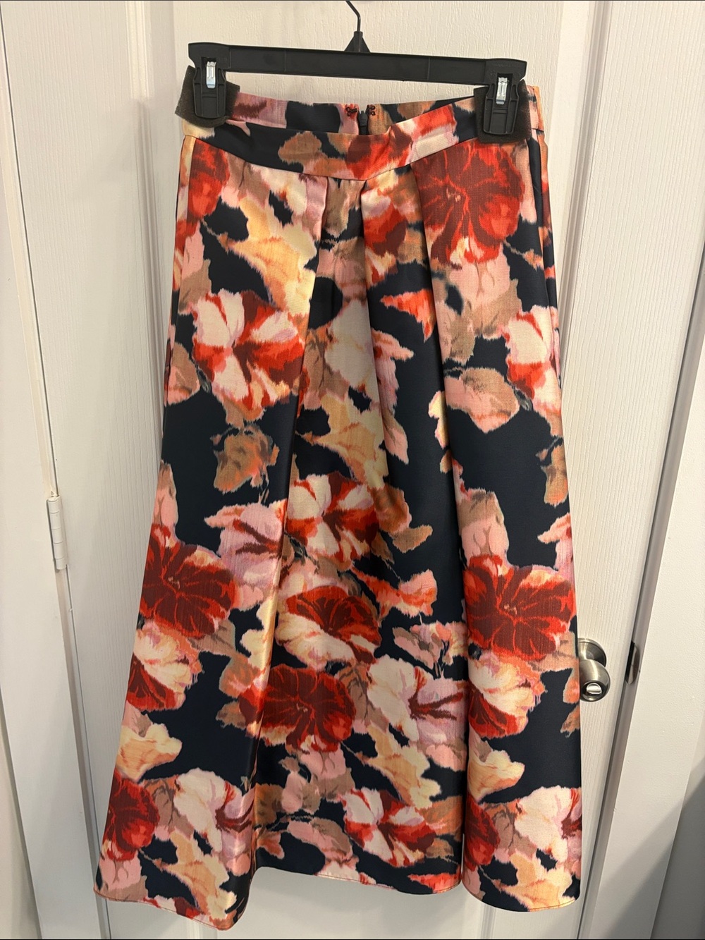 Sachin + Babi Navy A-Line Midi Skirt with Red and Pink Floral Print